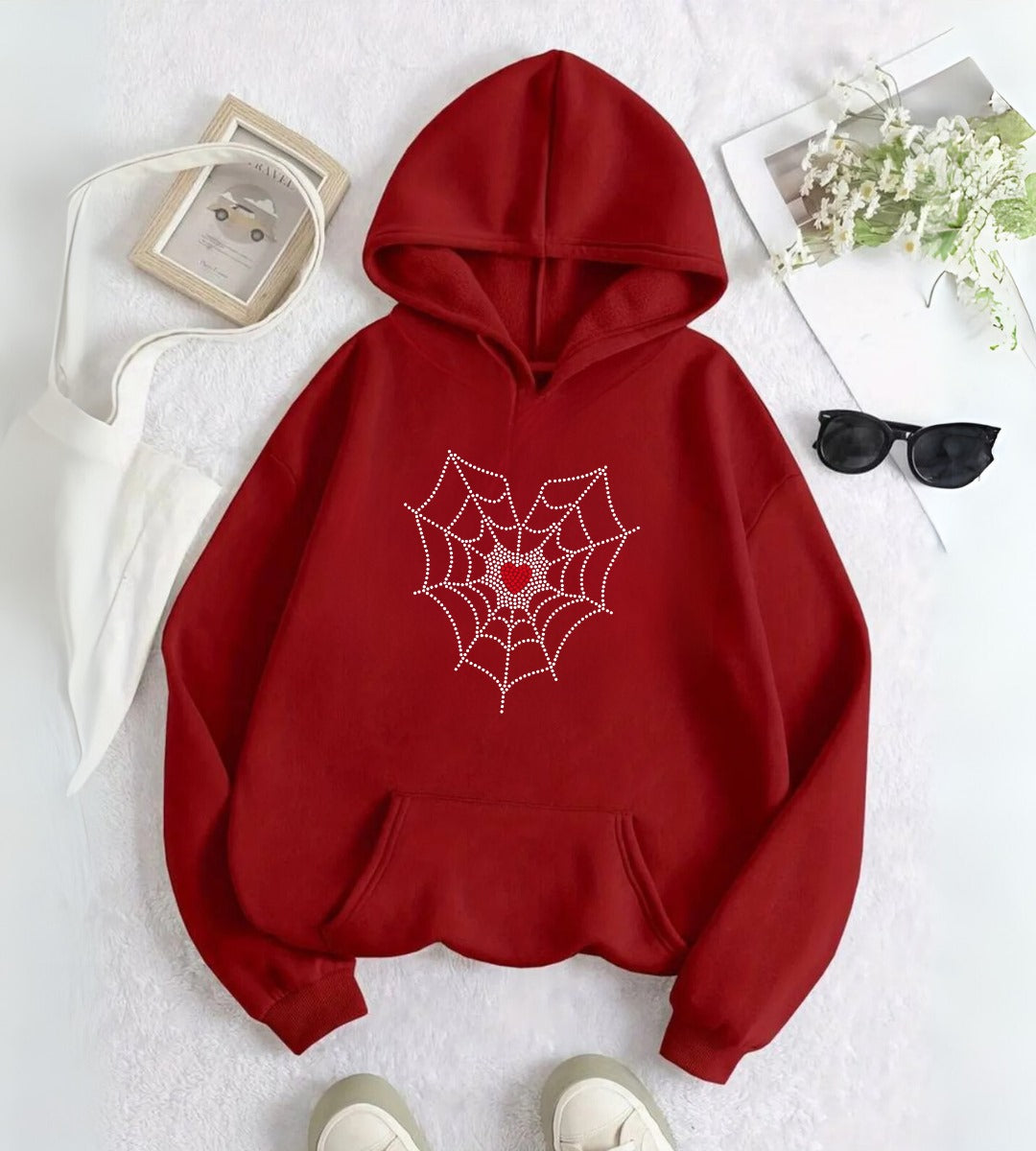 Spider Heart Taş İşleme Detail Baskılı Kapşonlu Sweatshirt