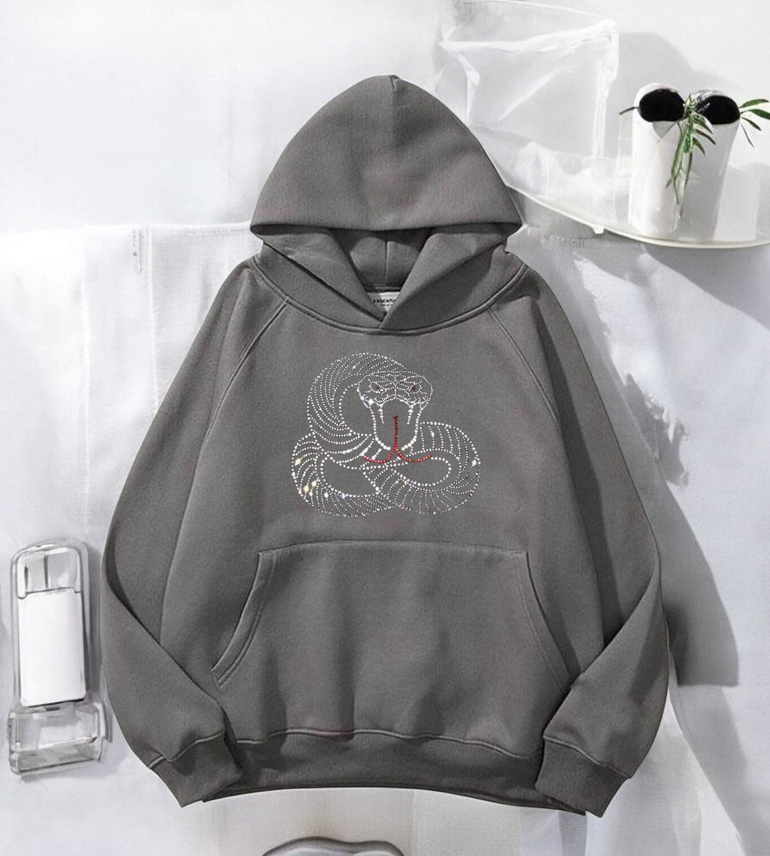 Snake Taş İşleme Detail Baskılı Kapşonlu Sweatshirt