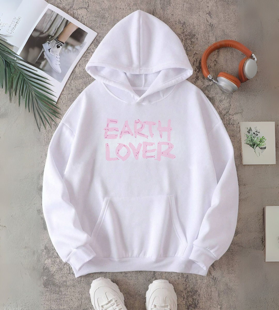 Earth Lover Taş İşleme Detail Baskılı Kapşonlu Sweatshirt