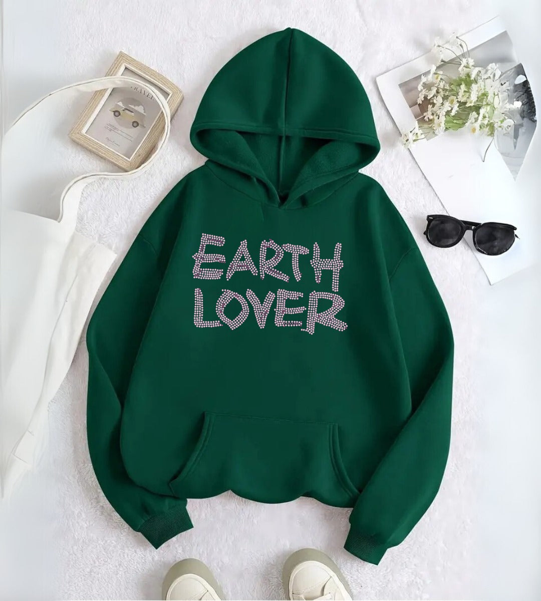 Earth Lover Taş İşleme Detail Baskılı Kapşonlu Sweatshirt