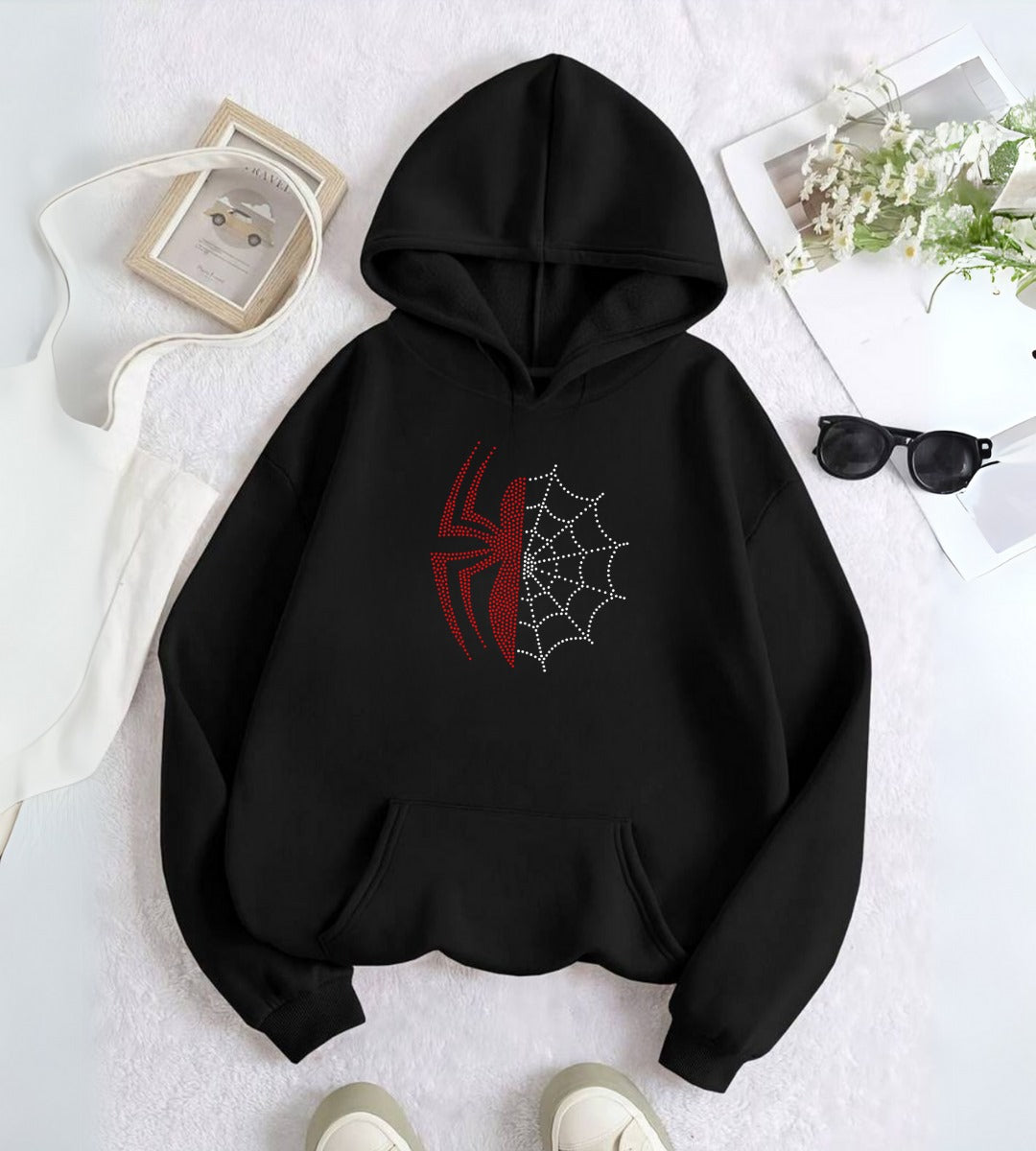 Spider Web Taş İşleme Detail Baskılı Kapşonlu Sweatshirt