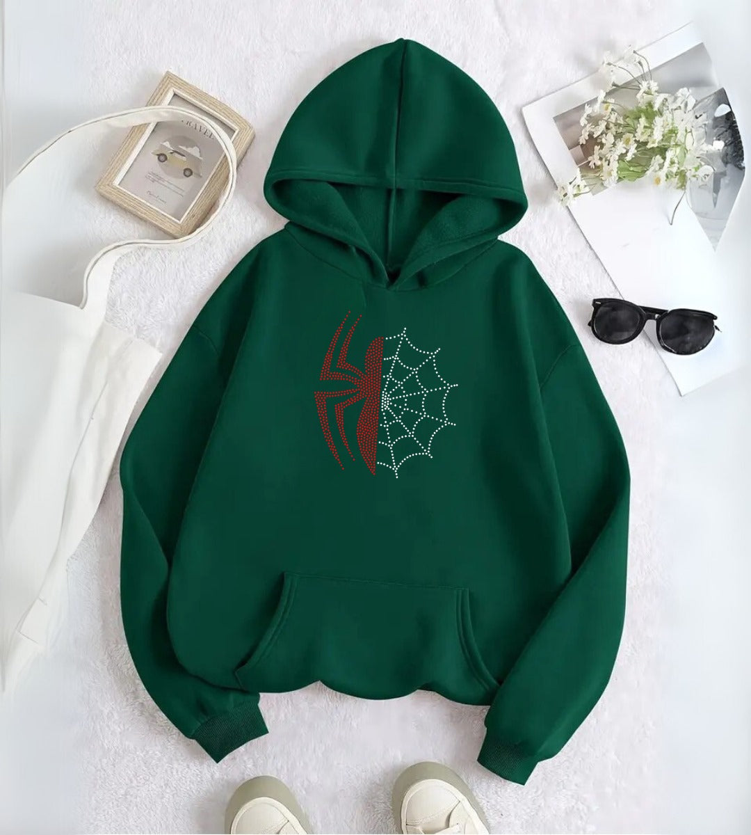 Spider Web Taş İşleme Detail Baskılı Kapşonlu Sweatshirt