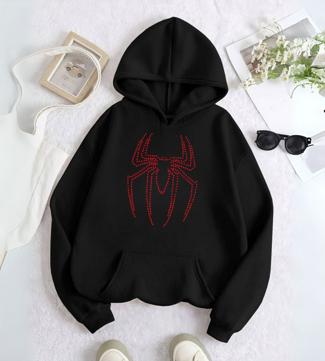 Spider Taş İşleme Detail Baskılı Kapşonlu Sweatshirt