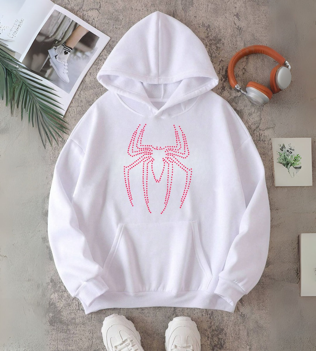 Spider Taş İşleme Detail Baskılı Kapşonlu Sweatshirt