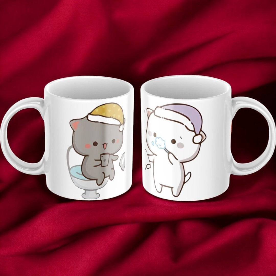 Sevimli Kedi Temalı Çift Beyaz Kupa Bardak