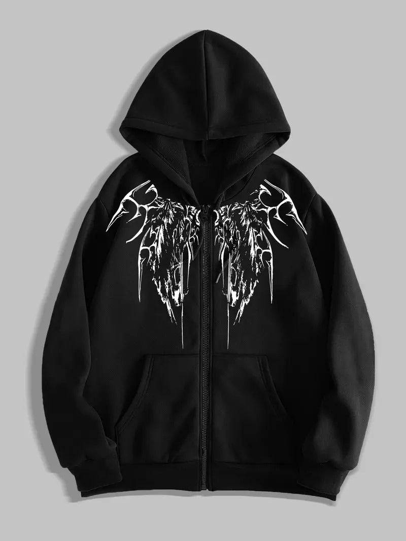 Gothic Baskılı Oversize Fermuarlı Siyah Unisex Kapüşonlu Hırka