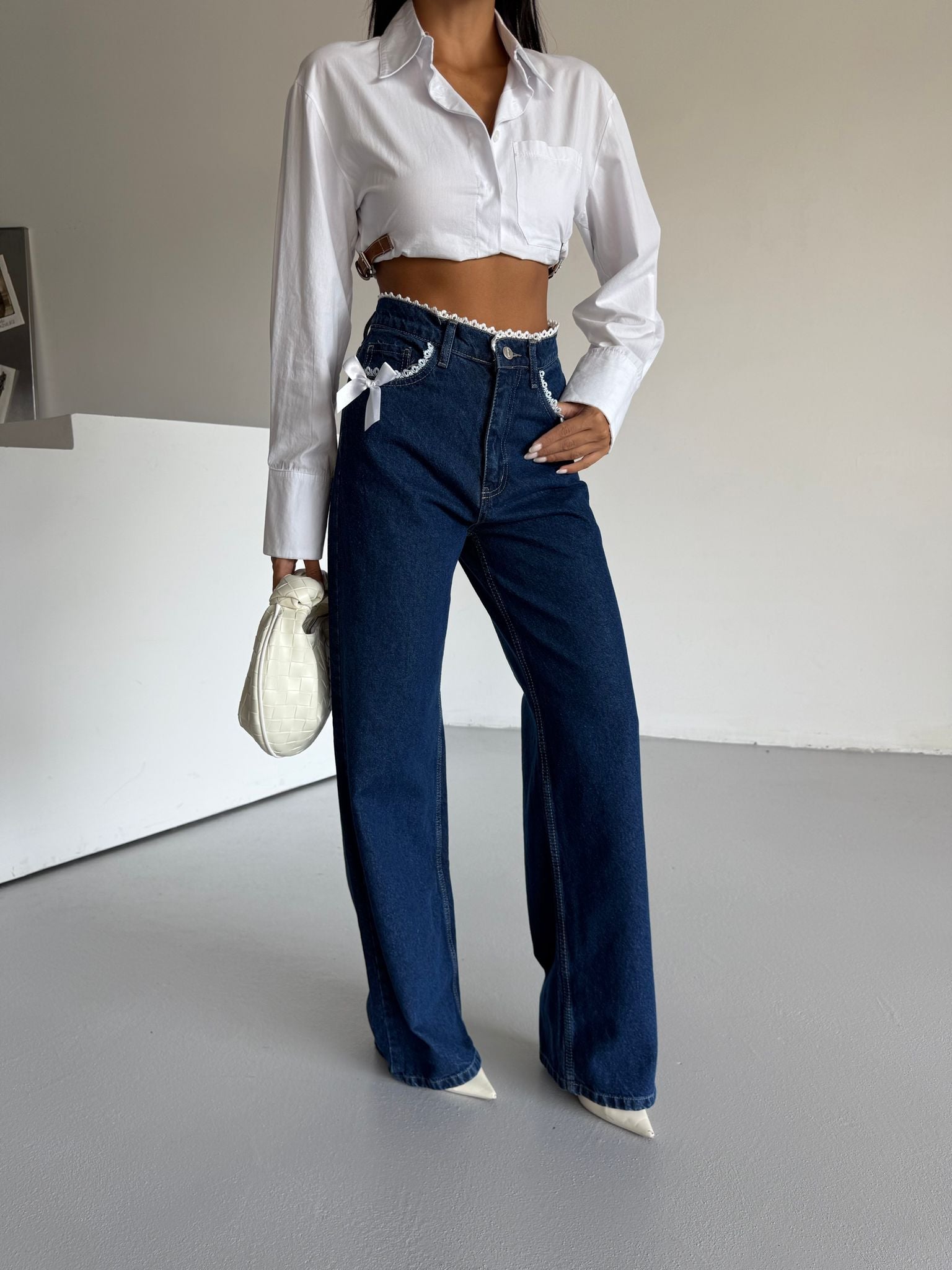 Y2k Lace Ribbon Detail Jean Pantolon