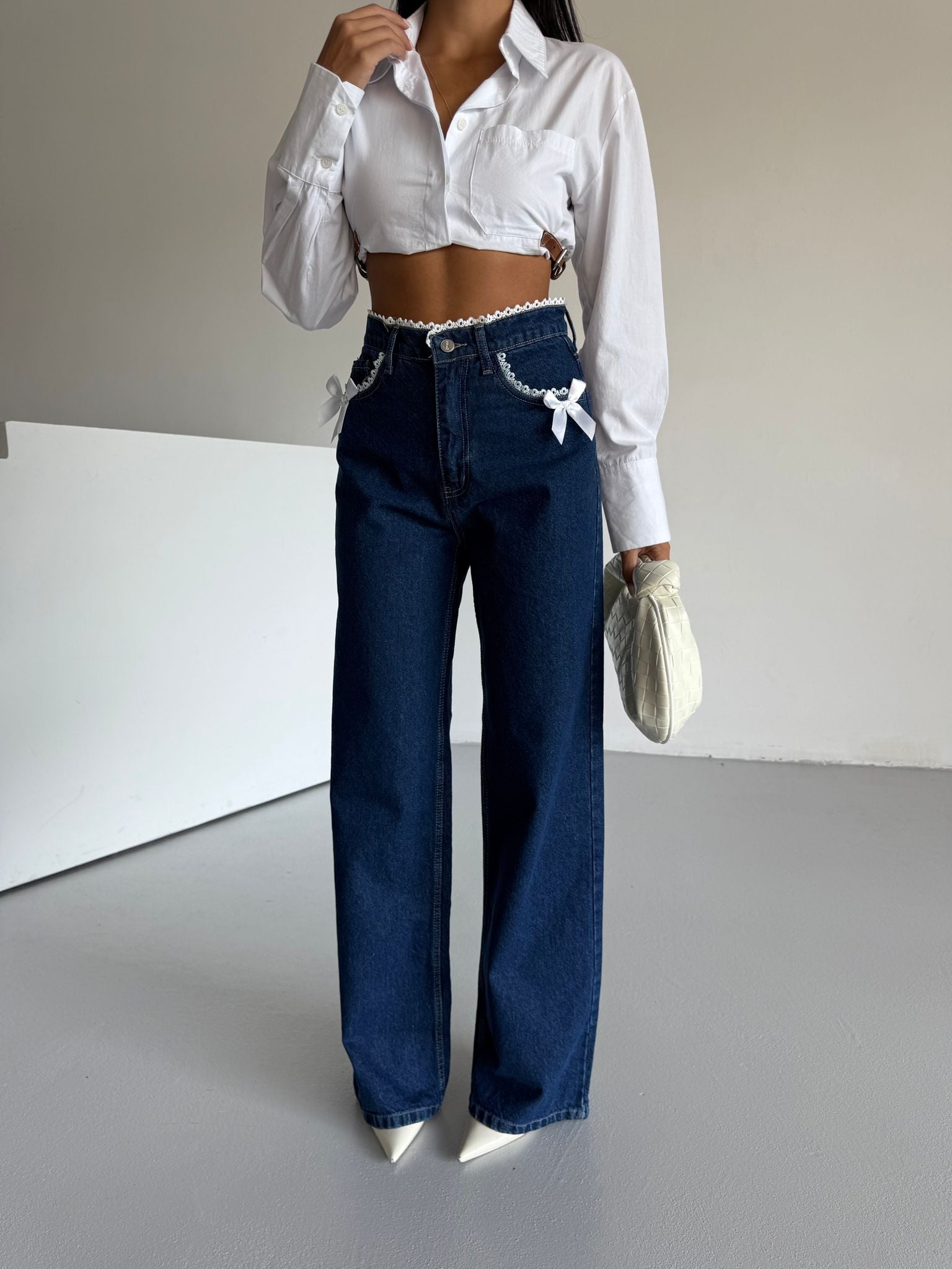 Y2k Lace Ribbon Detail Jean Pantolon