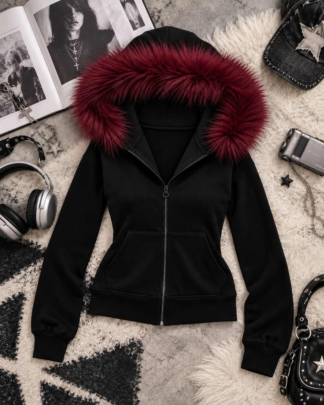 Basic Grunge Fermuarlı Siyah Slim Fit Kürklü Zip Hırka