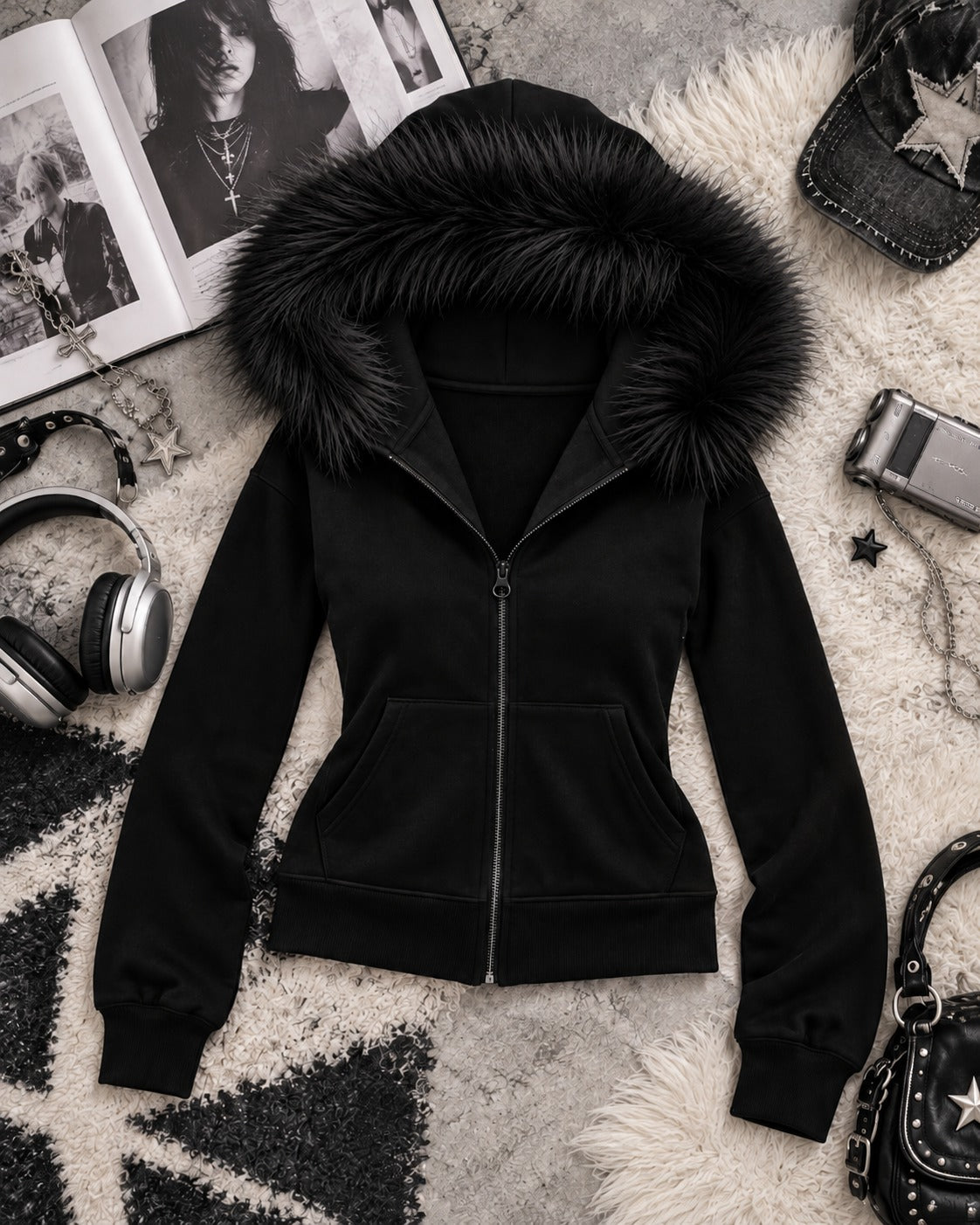 Basic Grunge Fermuarlı Siyah Slim Fit Kürklü Zip Hırka