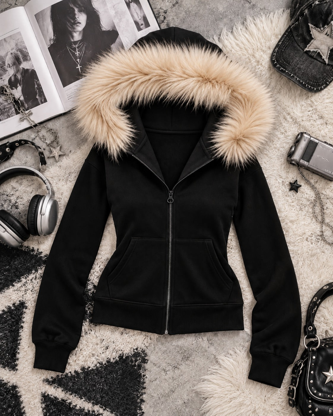 Basic Grunge Fermuarlı Siyah Slim Fit Kürklü Zip Hırka