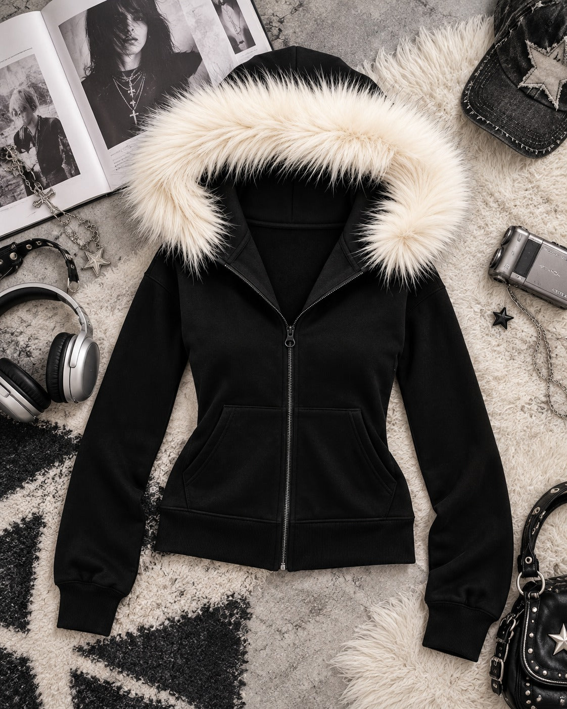 Basic Grunge Fermuarlı Siyah Slim Fit Kürklü Zip Hırka