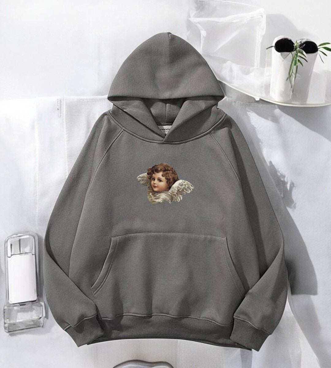 Melek Detail Antrasit Baskılı Kapşonlu Sweatshirt