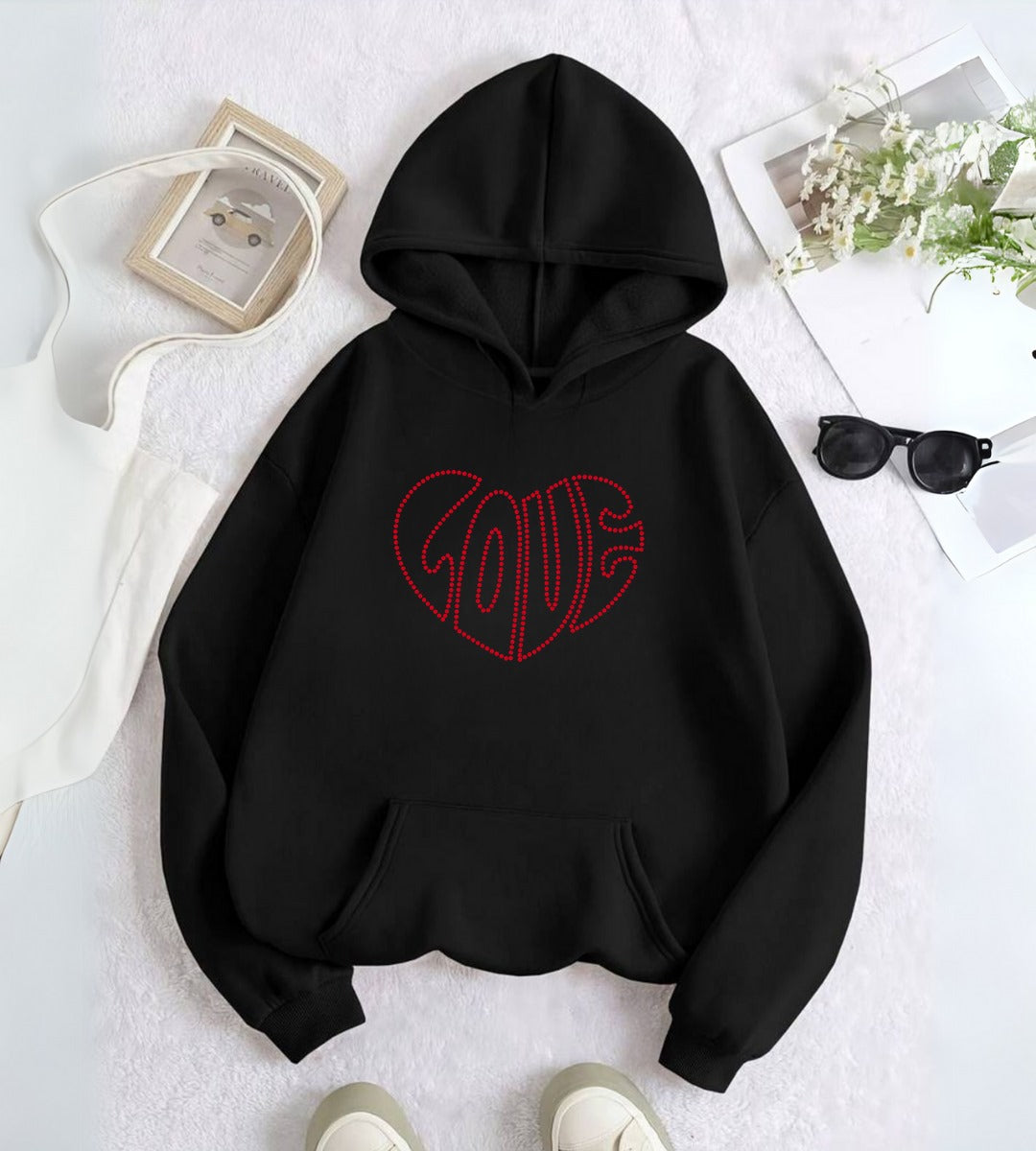 Love Taş İşleme Detail Baskılı Kapşonlu Sweatshirt