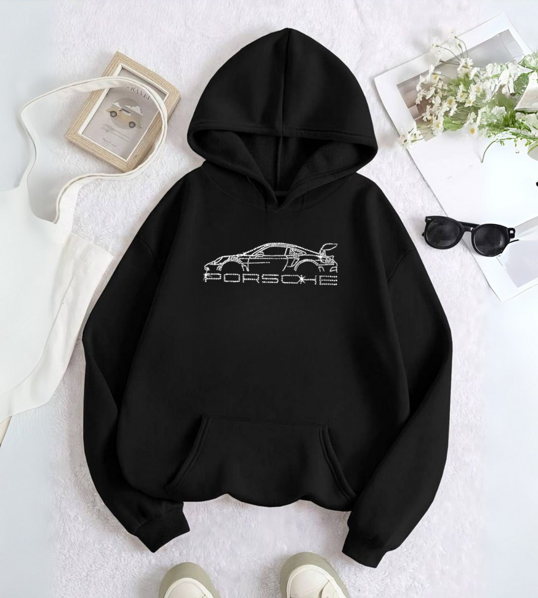 Porsche Taş İşleme Detail Baskılı Kapşonlu Sweatshirt