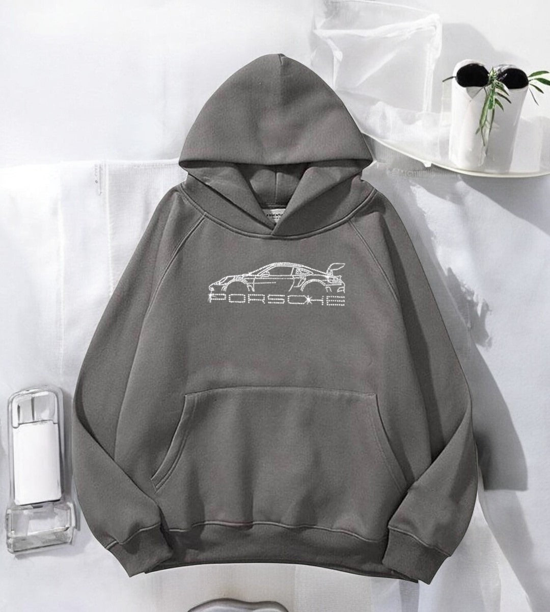 Porsche Taş İşleme Detail Baskılı Kapşonlu Sweatshirt