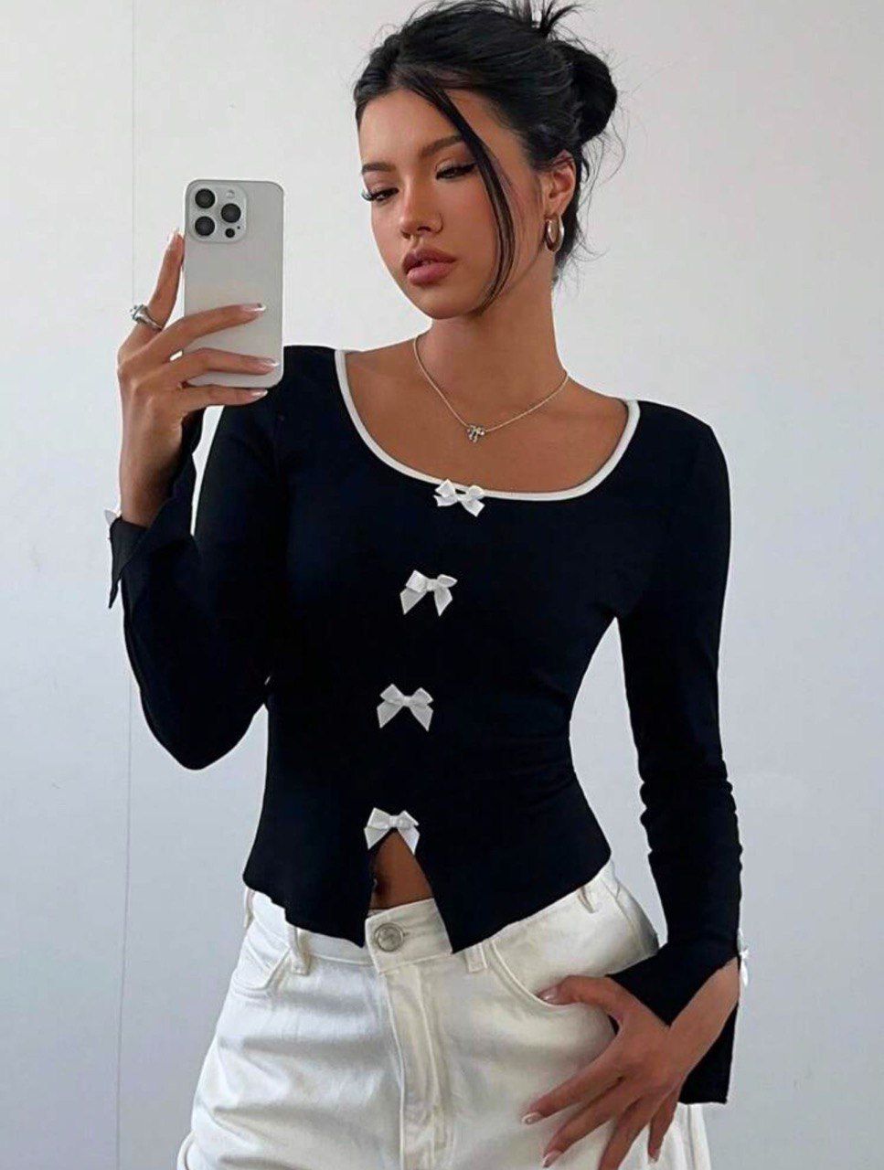 Y2k Kurdele Detaylı Büzgülü Yaka Uzun Kol Retro Crop Bluz