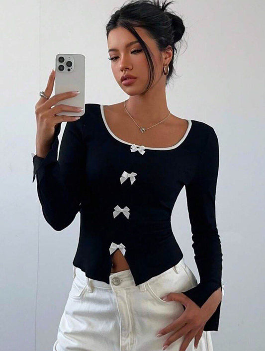 Y2k Kurdele Detaylı Büzgülü Yaka Uzun Kol Retro Crop Bluz