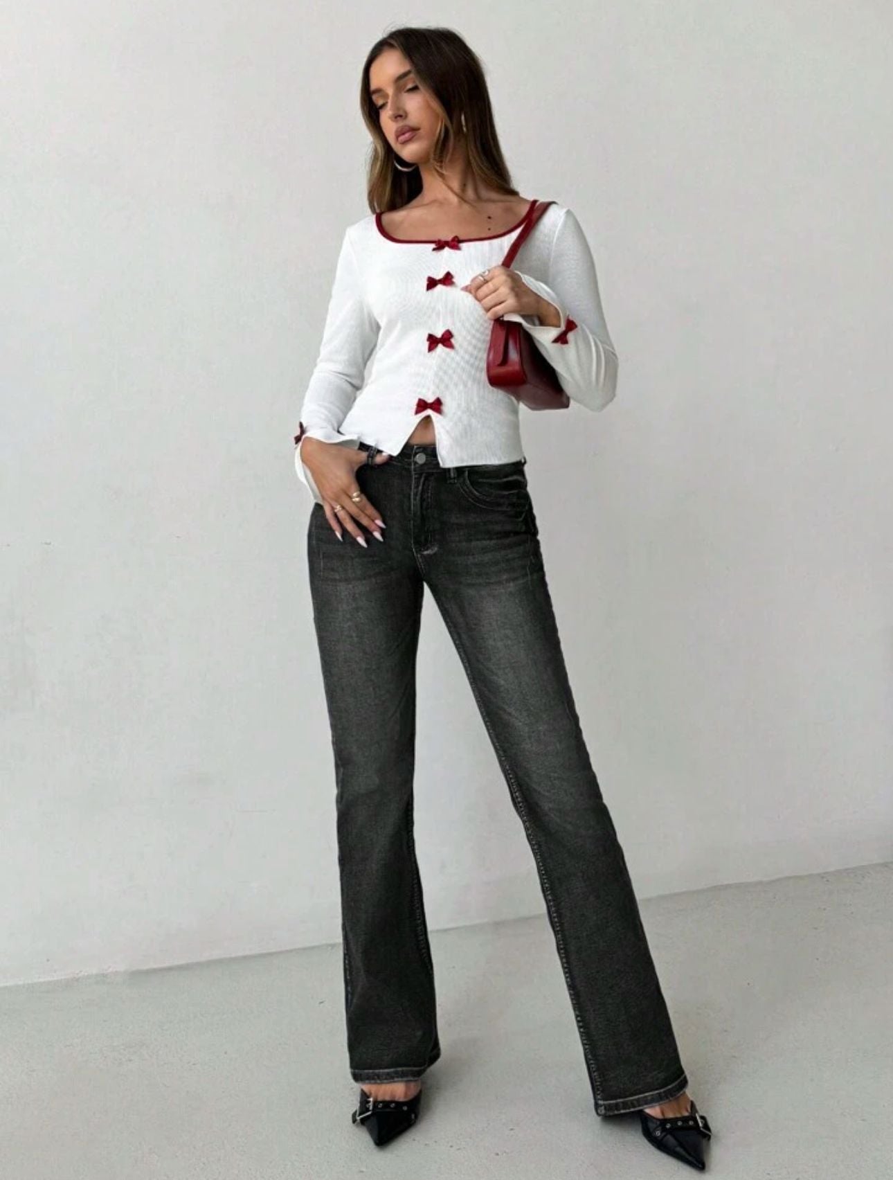 Y2k Kurdele Detaylı Büzgülü Yaka Uzun Kol Retro Crop Bluz