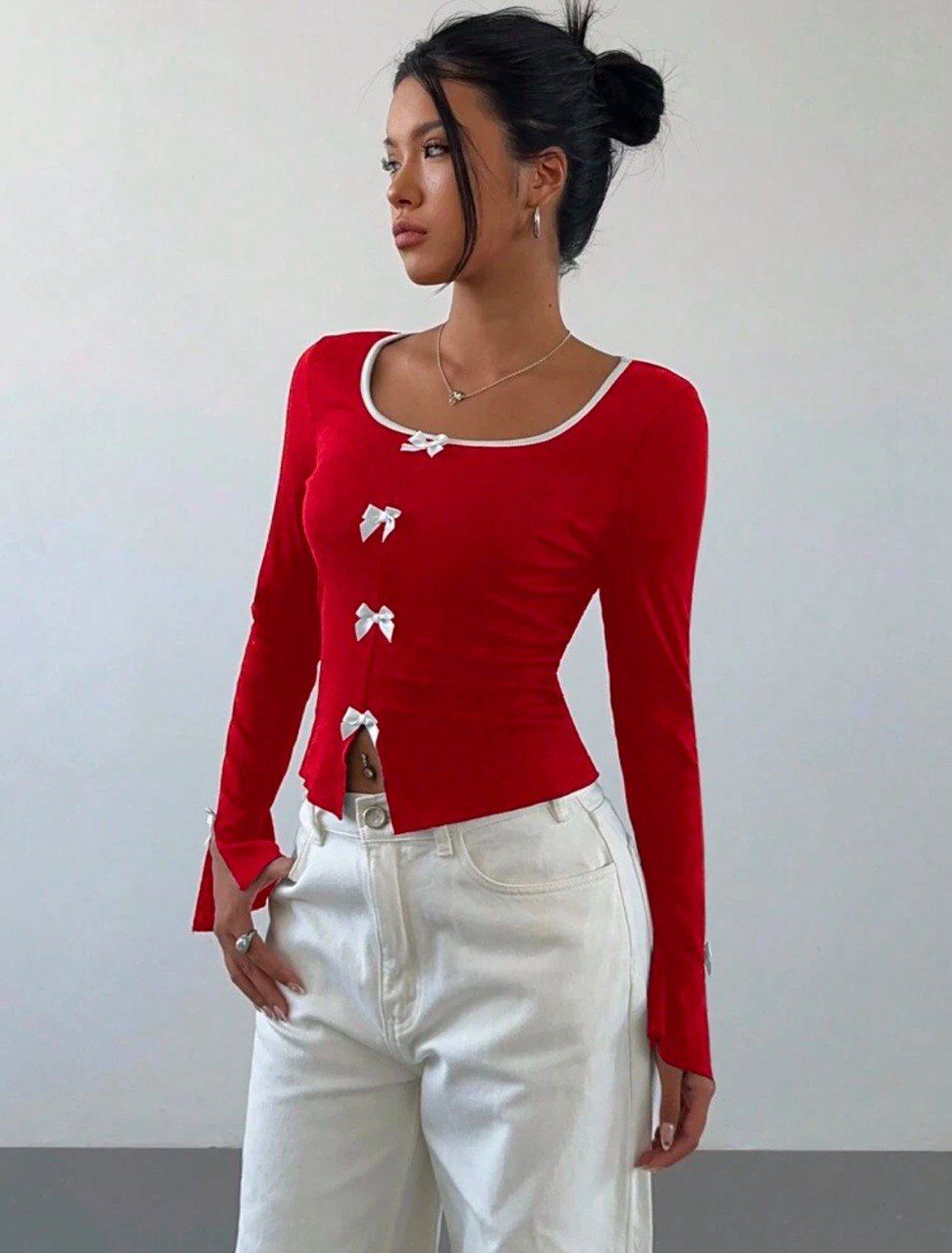 Y2k Kurdele Detaylı Büzgülü Yaka Uzun Kol Retro Crop Bluz