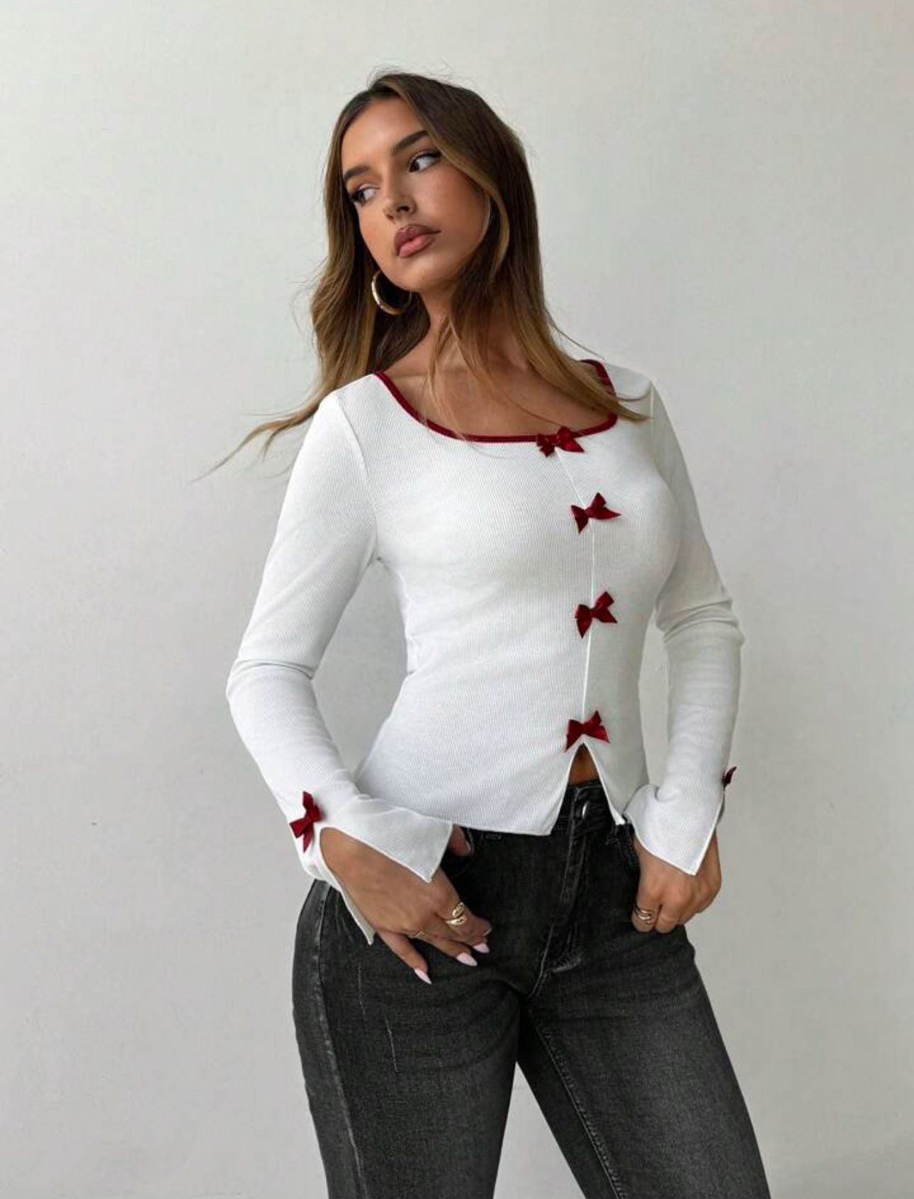 Y2k Kurdele Detaylı Büzgülü Yaka Uzun Kol Retro Crop Bluz