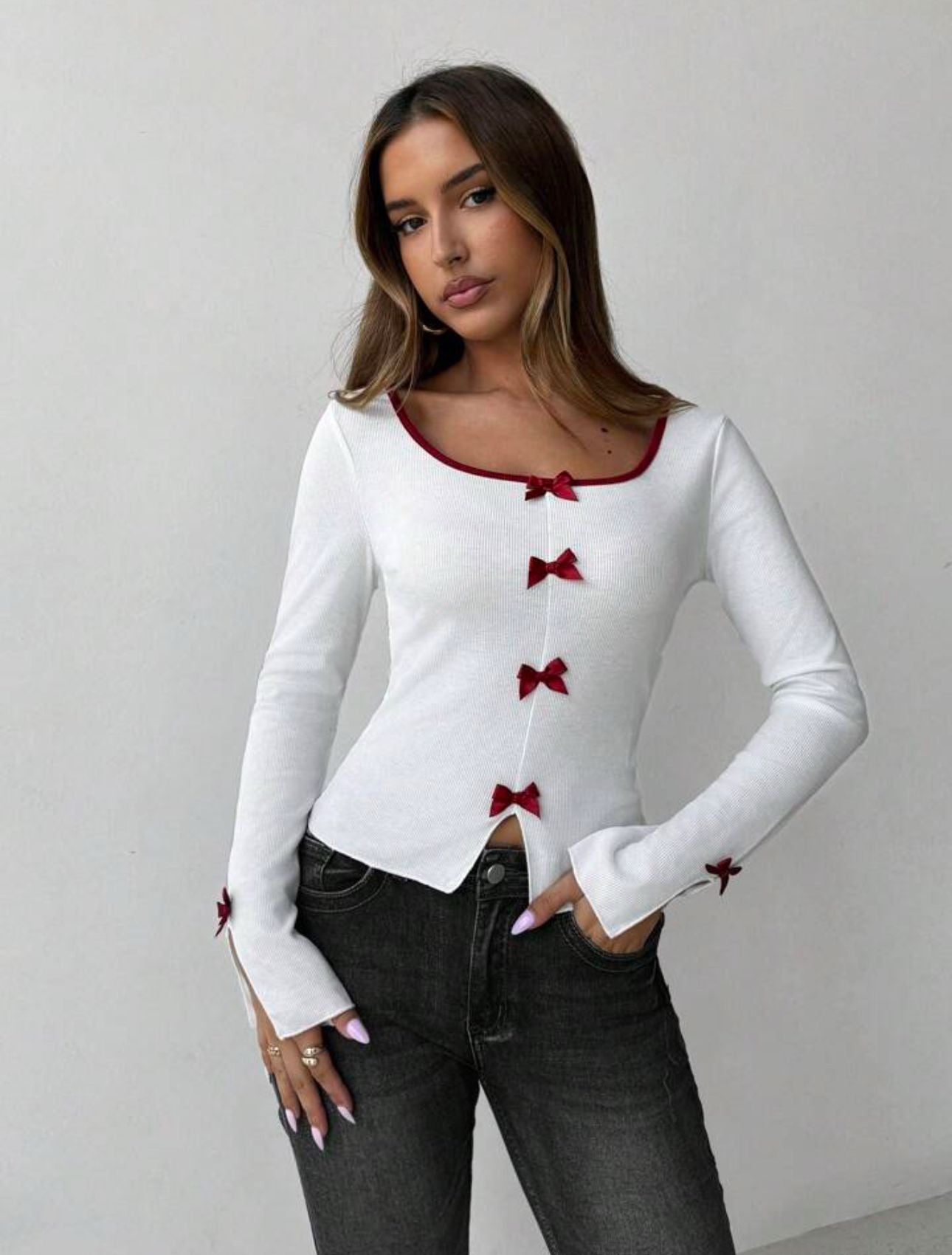 Y2k Kurdele Detaylı Büzgülü Yaka Uzun Kol Retro Crop Bluz