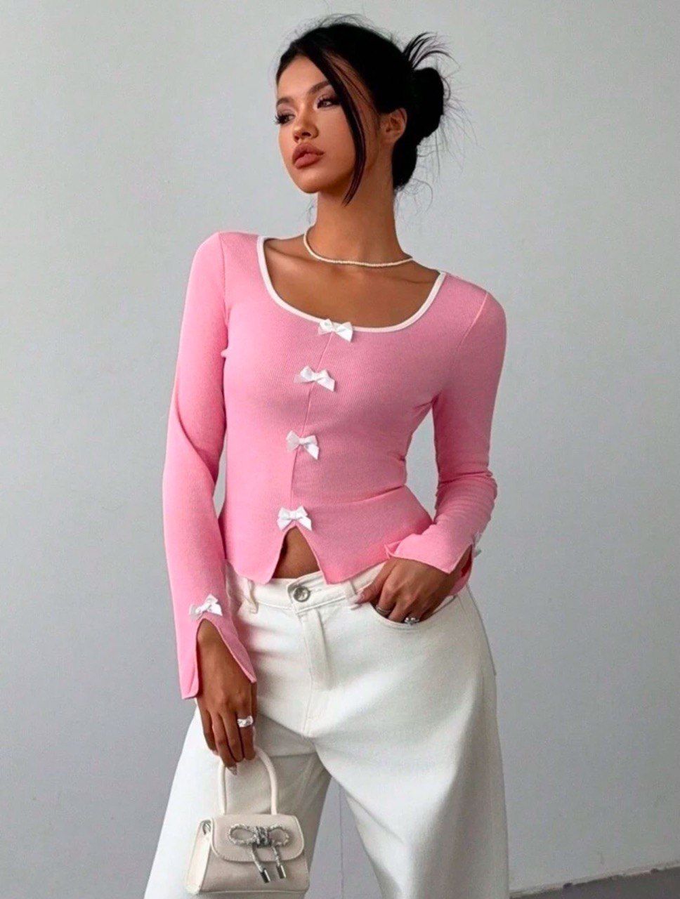 Y2k Kurdele Detaylı Büzgülü Yaka Uzun Kol Retro Crop Bluz