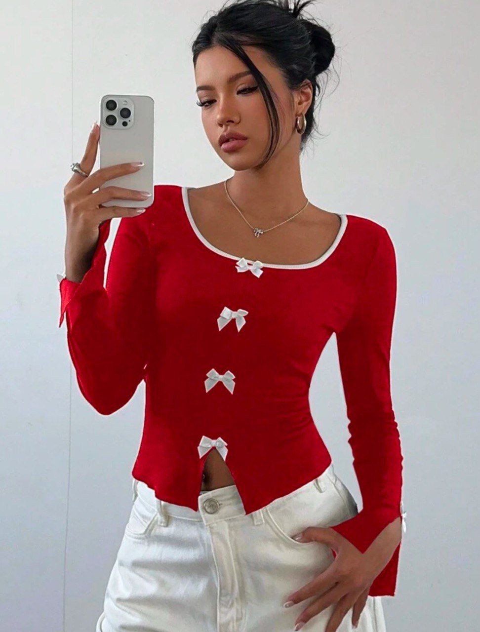 Y2k Kurdele Detaylı Büzgülü Yaka Uzun Kol Retro Crop Bluz