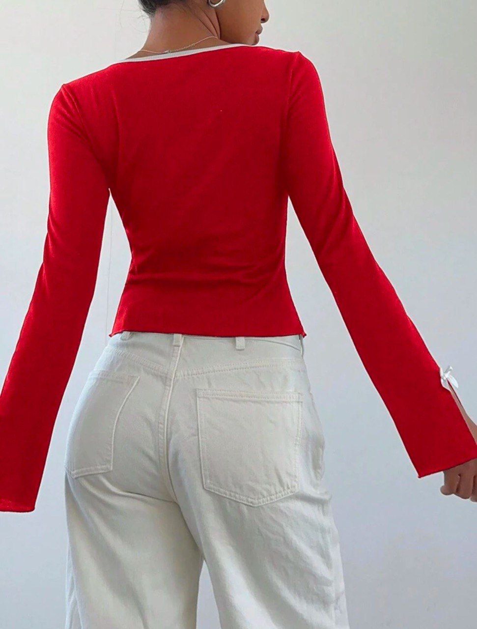 Y2k Kurdele Detaylı Büzgülü Yaka Uzun Kol Retro Crop Bluz