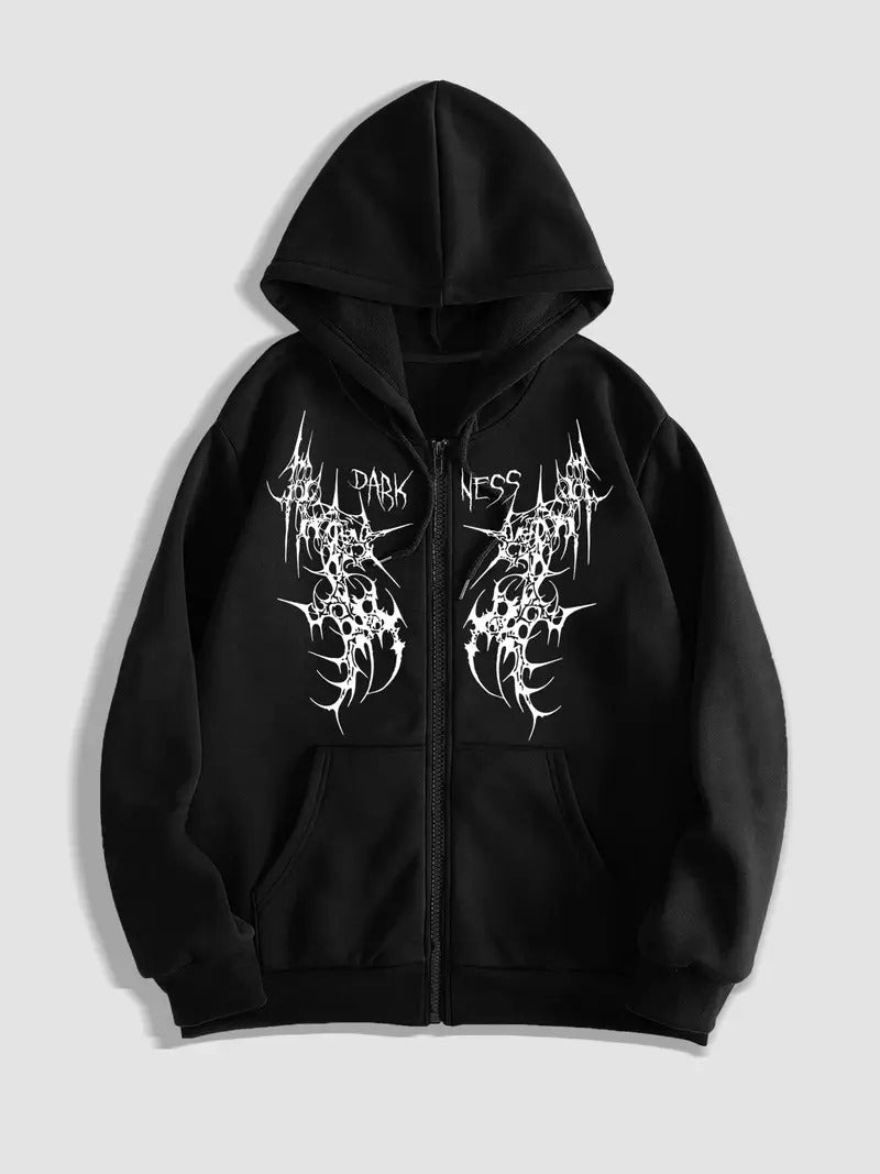 Gothic Baskılı Oversize Fermuarlı Siyah Unisex Kapüşonlu Hırka