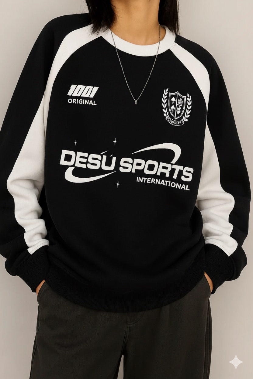 Y2K Streetwear Sports Baskılı Siyah Unisex Oversize Bisiklet Yaka Sweatshirt