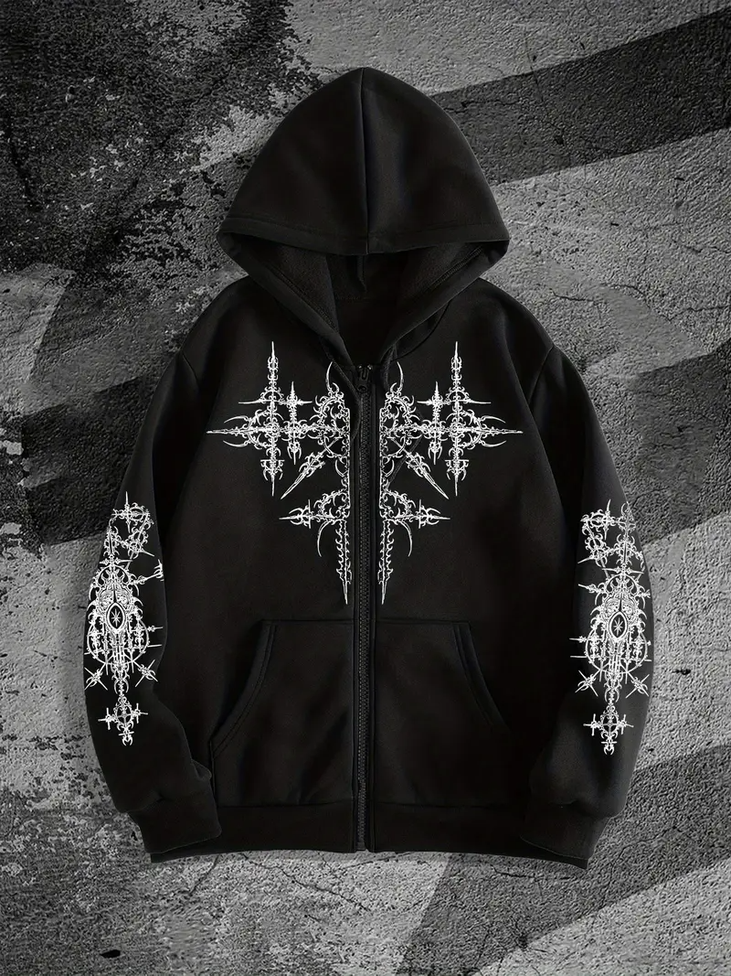 Gothic Baskılı Oversize Fermuarlı Siyah Unisex Kapüşonlu Hırka