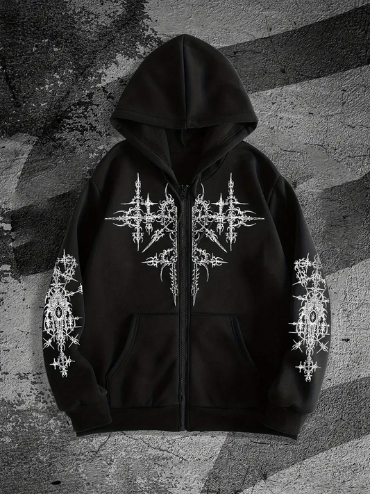 Gothic Baskılı Oversize Fermuarlı Siyah Unisex Kapüşonlu Hırka