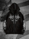 Gothic Baskılı Oversize Fermuarlı Siyah Unisex Kapüşonlu Hırka