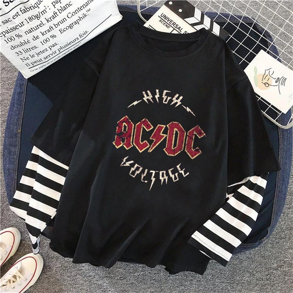 AC - DC Baskılı Fake Sleeves Unisex Siyah T-shirt - touzmoda