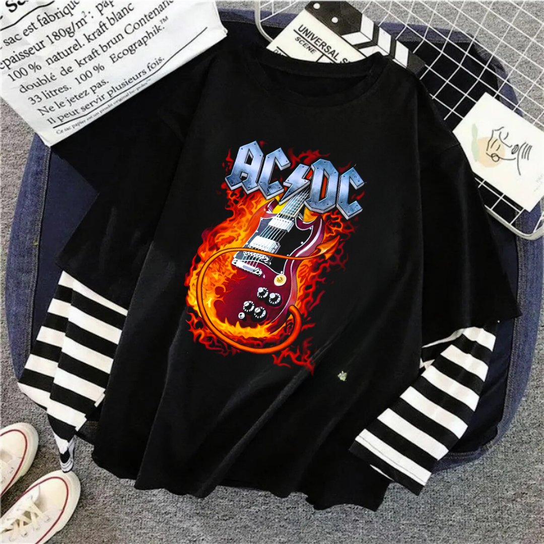 AC/DC Unisex Fake Uzun Kollu Siyah T-Shirt - touzmoda