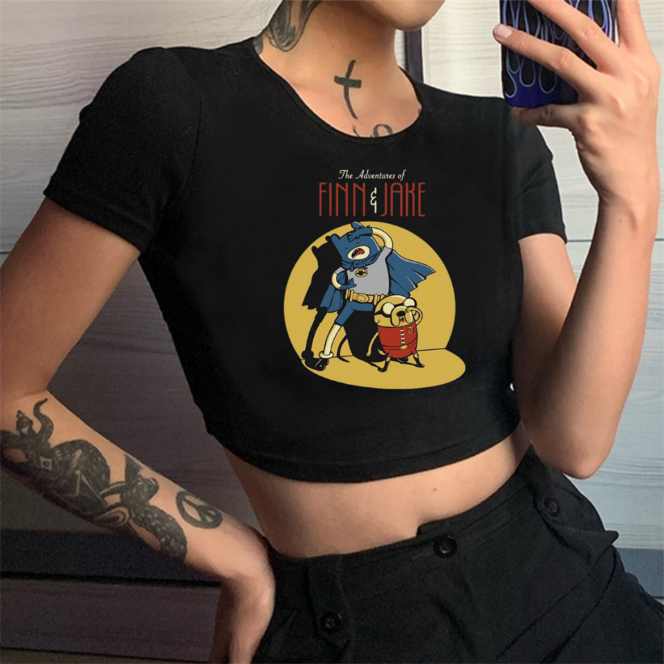 Adventure Time Finn And Jake Baskılı Siyah Crop