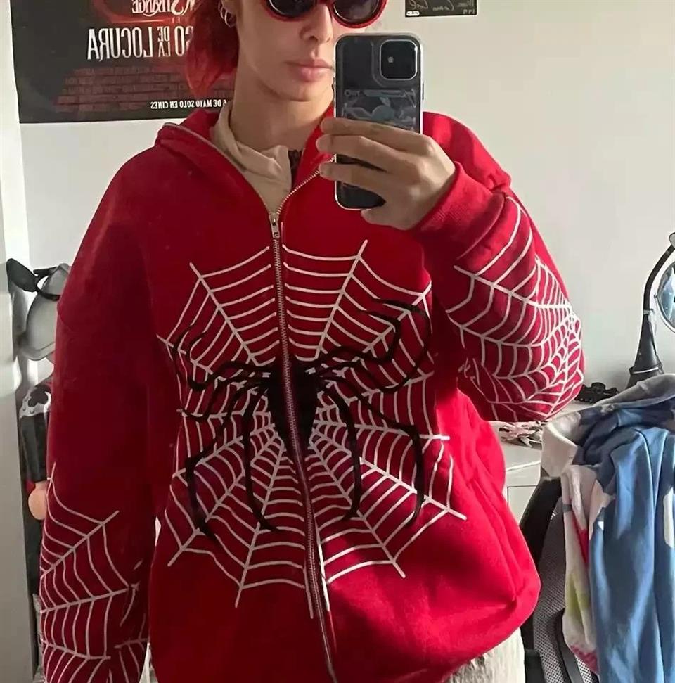 Allover Spider Web Kapüşonlu Fermuarlı Oversize Hırka