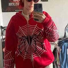 Allover Spider Web Kapüşonlu Fermuarlı Oversize Hırka