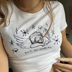 Angel Baskılı Crop Bluz