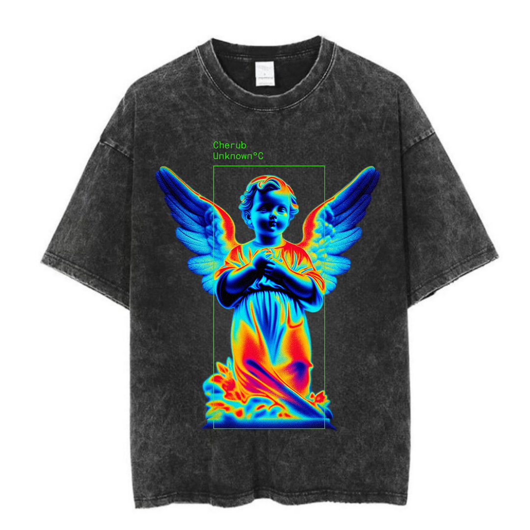 Yıkamalı Angel Baskılı Unisex Oversize Vintage T-shirt