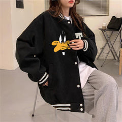 Angry Duck Baskılı Unisex Oversize Siyah Kolej Ceket