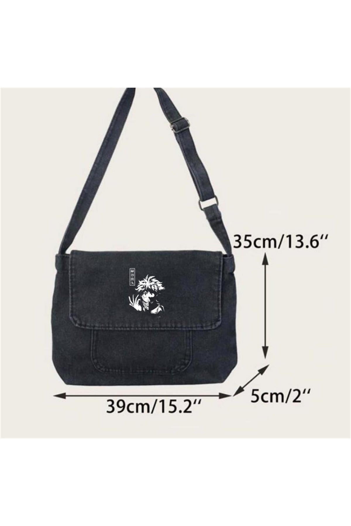 Anime Boy Baskılı Vintage Unisex Gri Kot Postacı Çantası