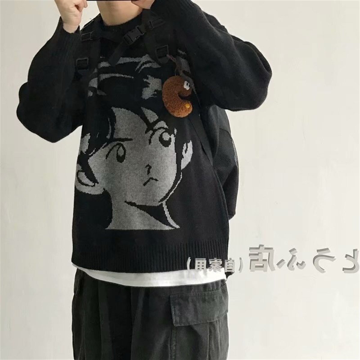 İndirim Anime Boy Harajuku Vintage Streetwear Unisex Siyah Kazak