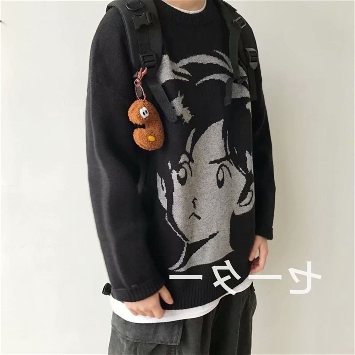 İndirim Anime Boy Harajuku Vintage Streetwear Unisex Siyah Kazak