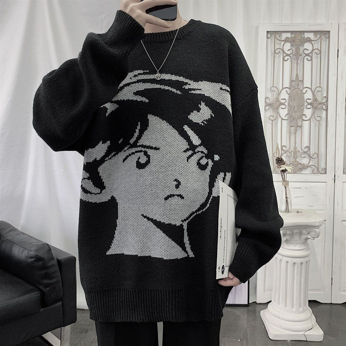 İndirim Anime Boy Harajuku Vintage Streetwear Unisex Siyah Kazak