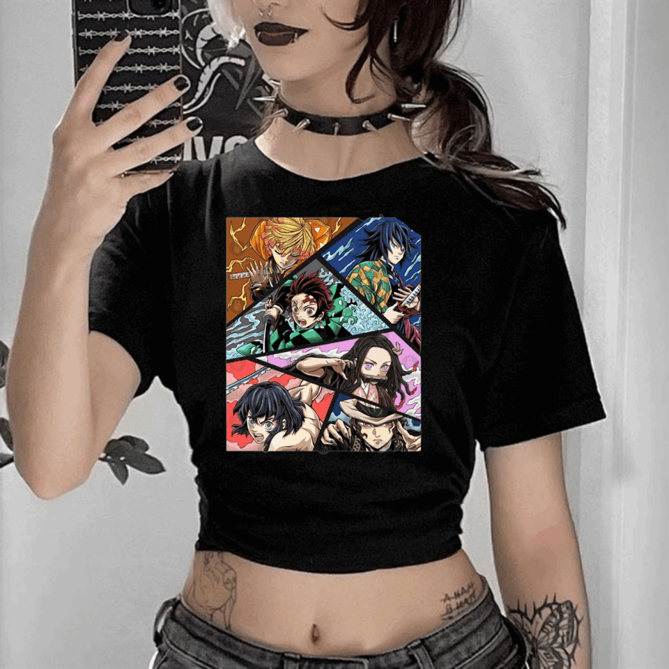 Anime Deoman Slayer Kolaj Baskılı Siyah Crop