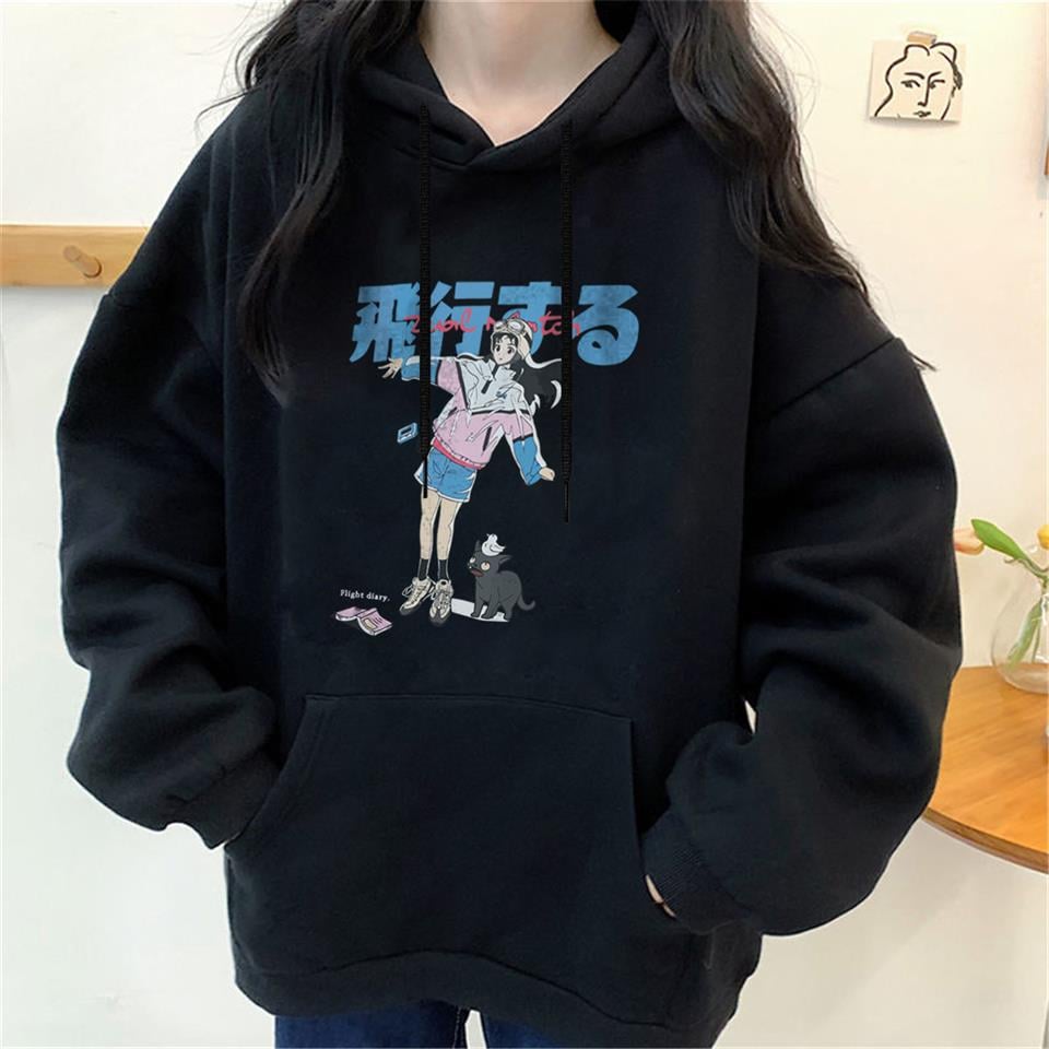 Anime Girl & Cat Baskılı Siyah Unisex Oversize Kapüşonlu Sweatshirt