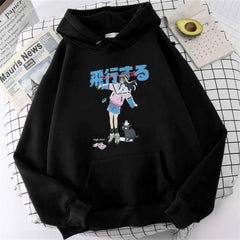 Anime Girl & Cat Baskılı Siyah Unisex Oversize Kapüşonlu Sweatshirt