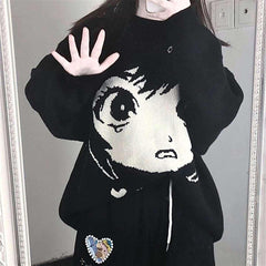 Anime Girl Harajuku Vintage Streetwear Unisex Siyah Kazak